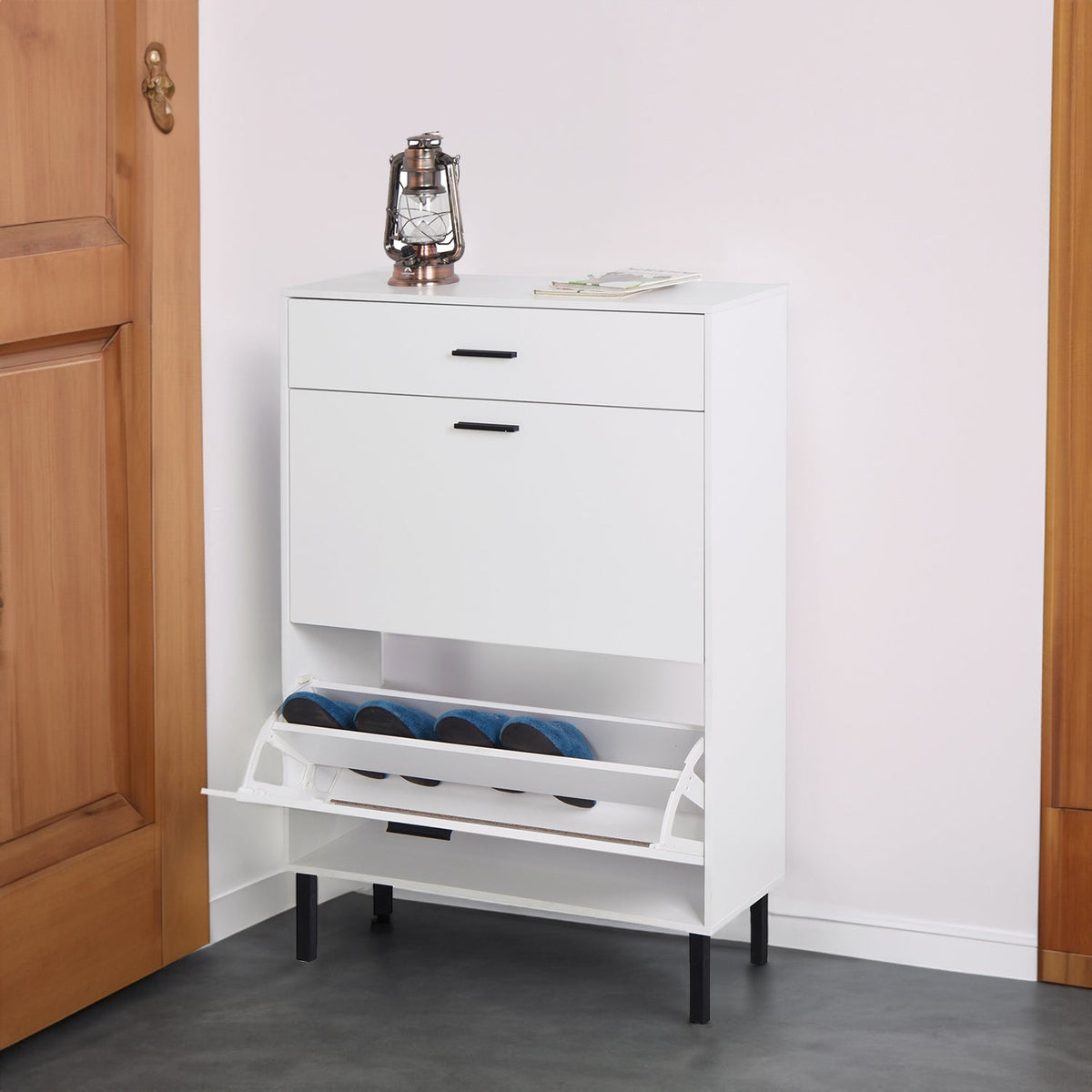 Hidden Shoe Cabinet with Flip-Down Drawers for Entryways
