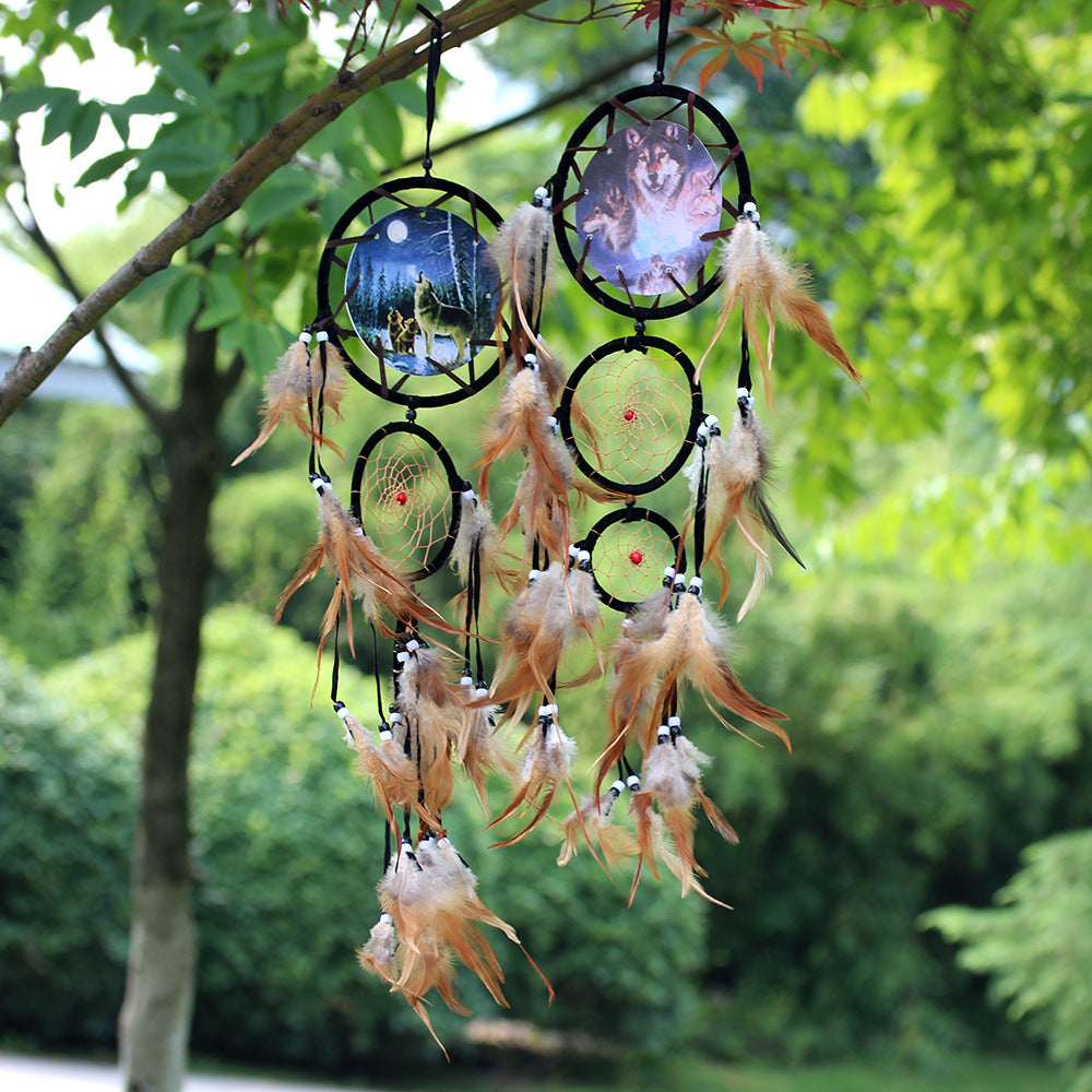 Wolf Dream Catcher Wall Hanging with Natural Feathers