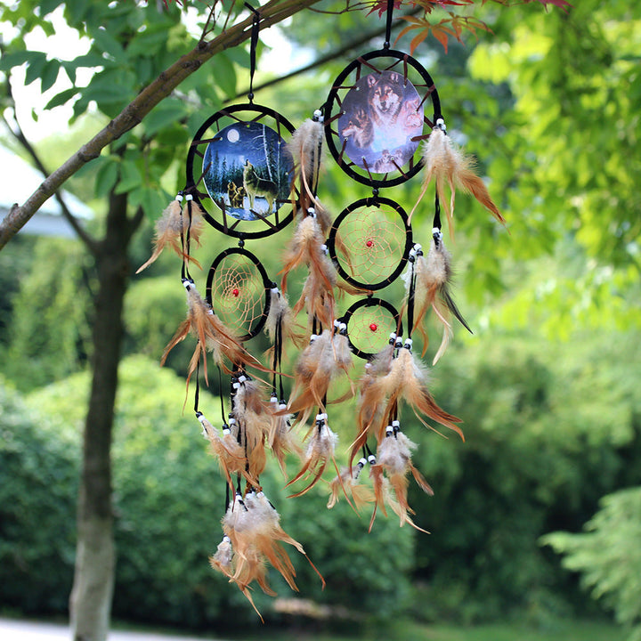 Wolf Dream Catcher Wall Hanging with Natural Feathers
