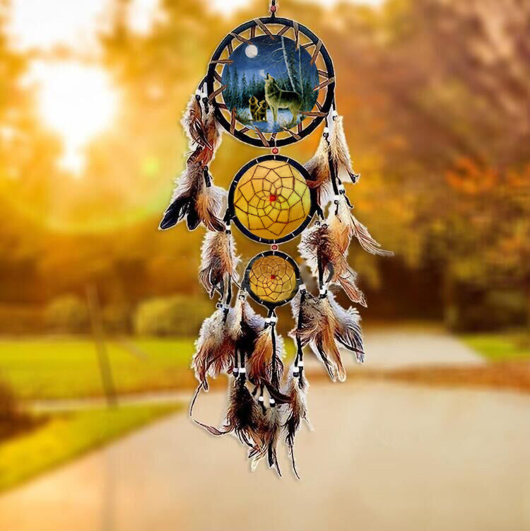 Wolf Dream Catcher Wall Hanging with Natural Feathers