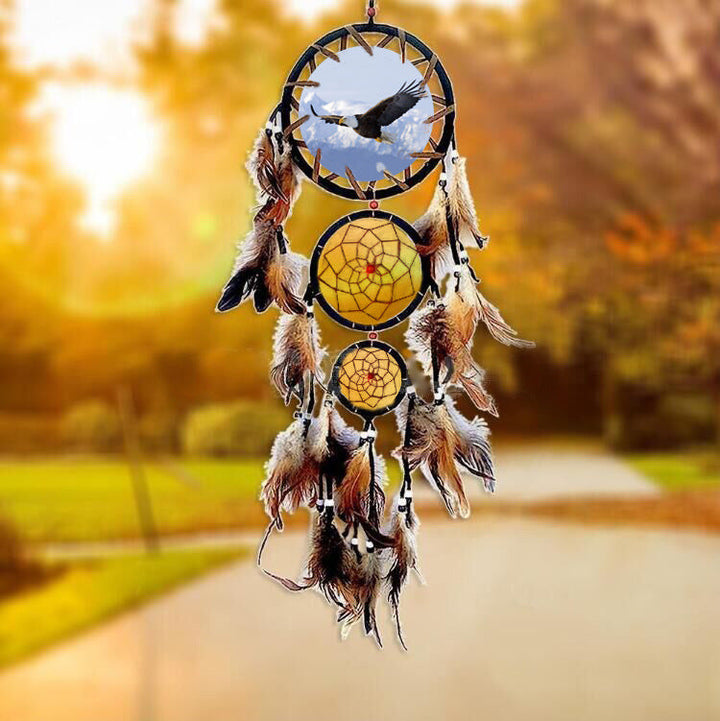 Wolf Dream Catcher Wall Hanging with Natural Feathers