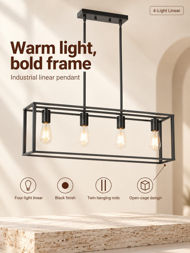 Industrial 4-Light Linear Pendant for Dining Tables