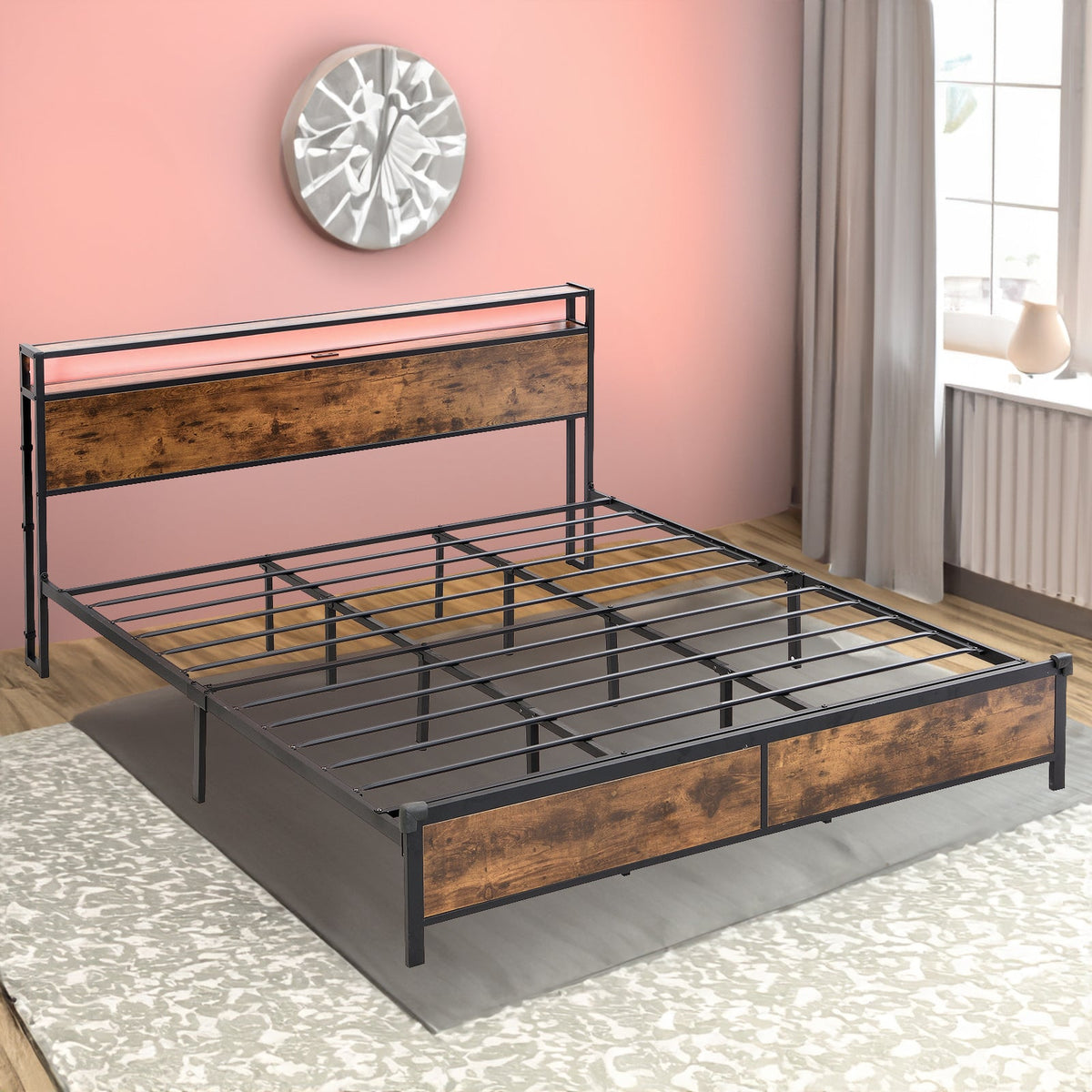 Industrial Bed Frame with LED Lights and USB Charging