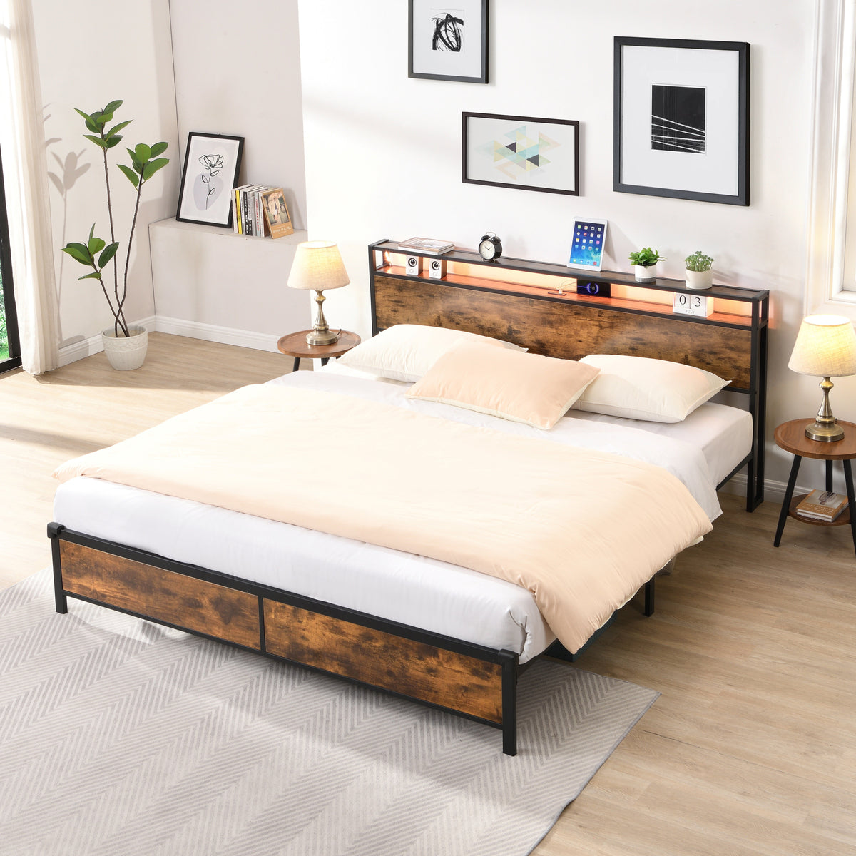 Industrial Bed Frame with LED Lights and USB Charging