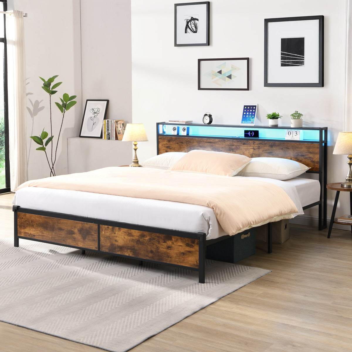 Industrial Bed Frame with LED Lights and USB Charging