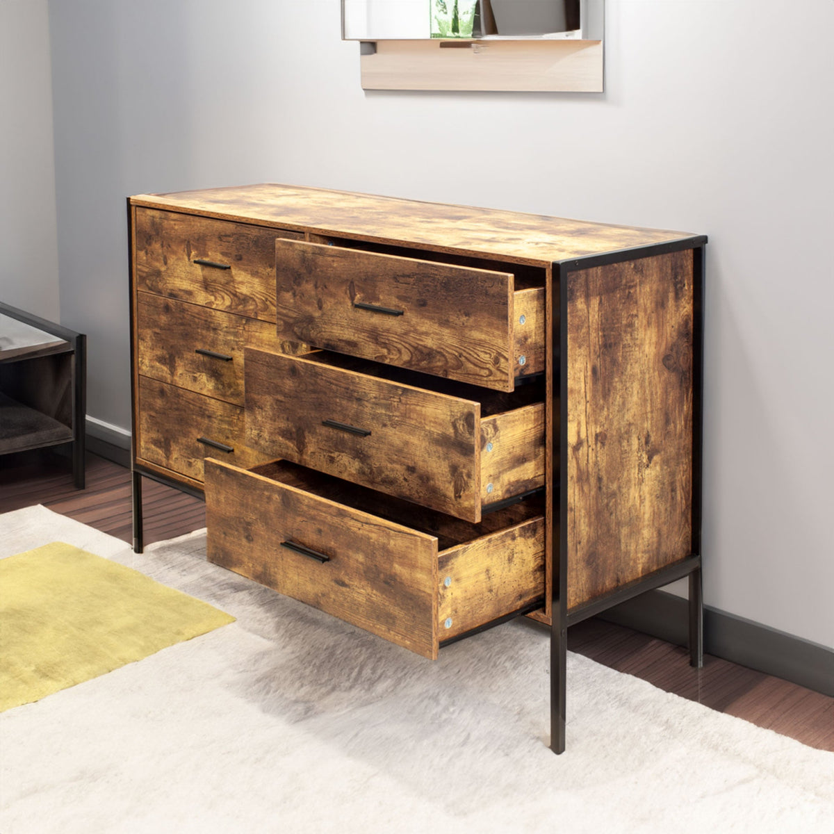 Rustic Brown 6 Drawer Dresser with Steel Frame