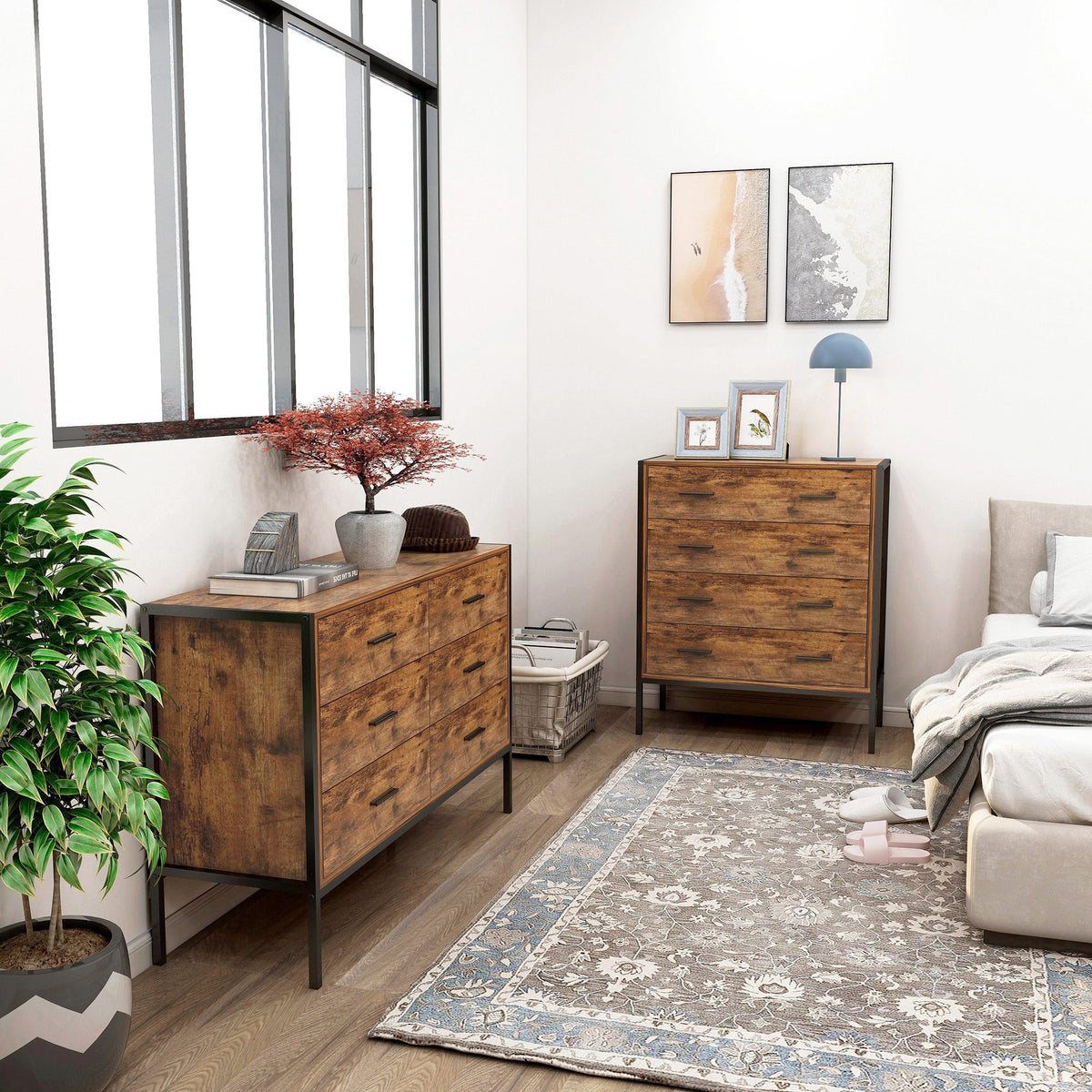 Rustic Brown 6 Drawer Dresser with Steel Frame