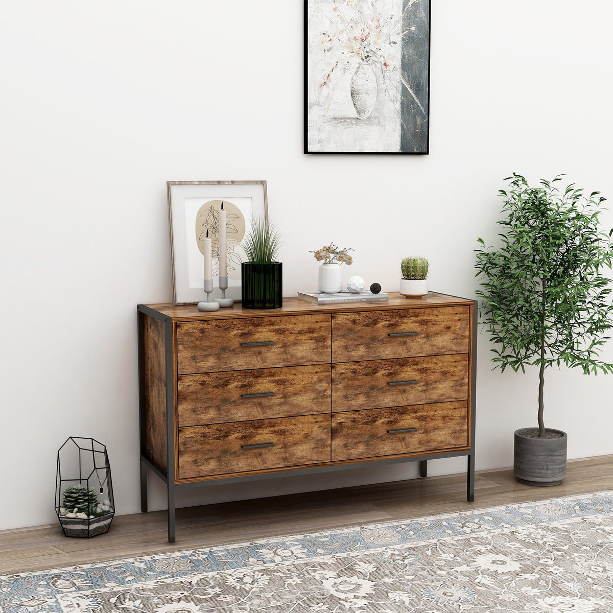 Rustic Brown 6 Drawer Dresser with Steel Frame