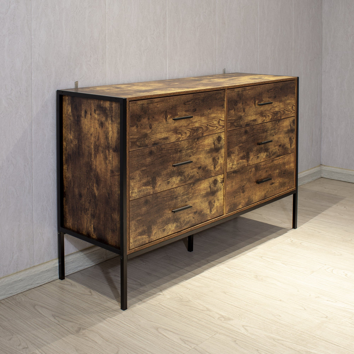 Rustic Brown 6 Drawer Dresser with Steel Frame