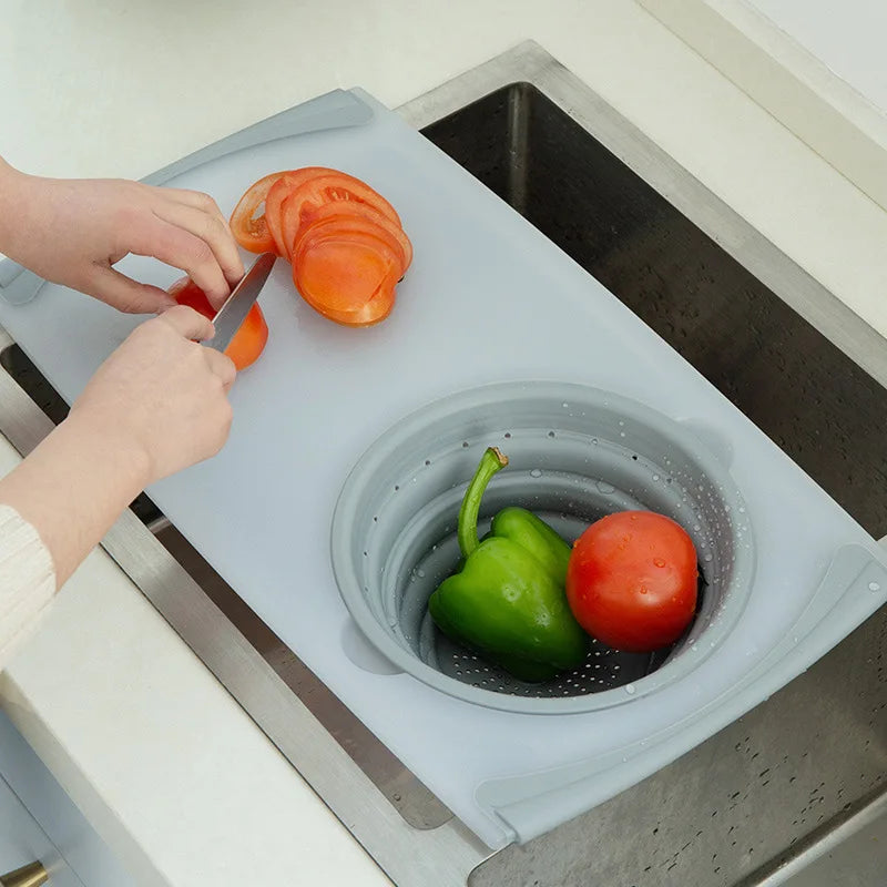 Cutting Board with Drain Basket for Small Sink Prep