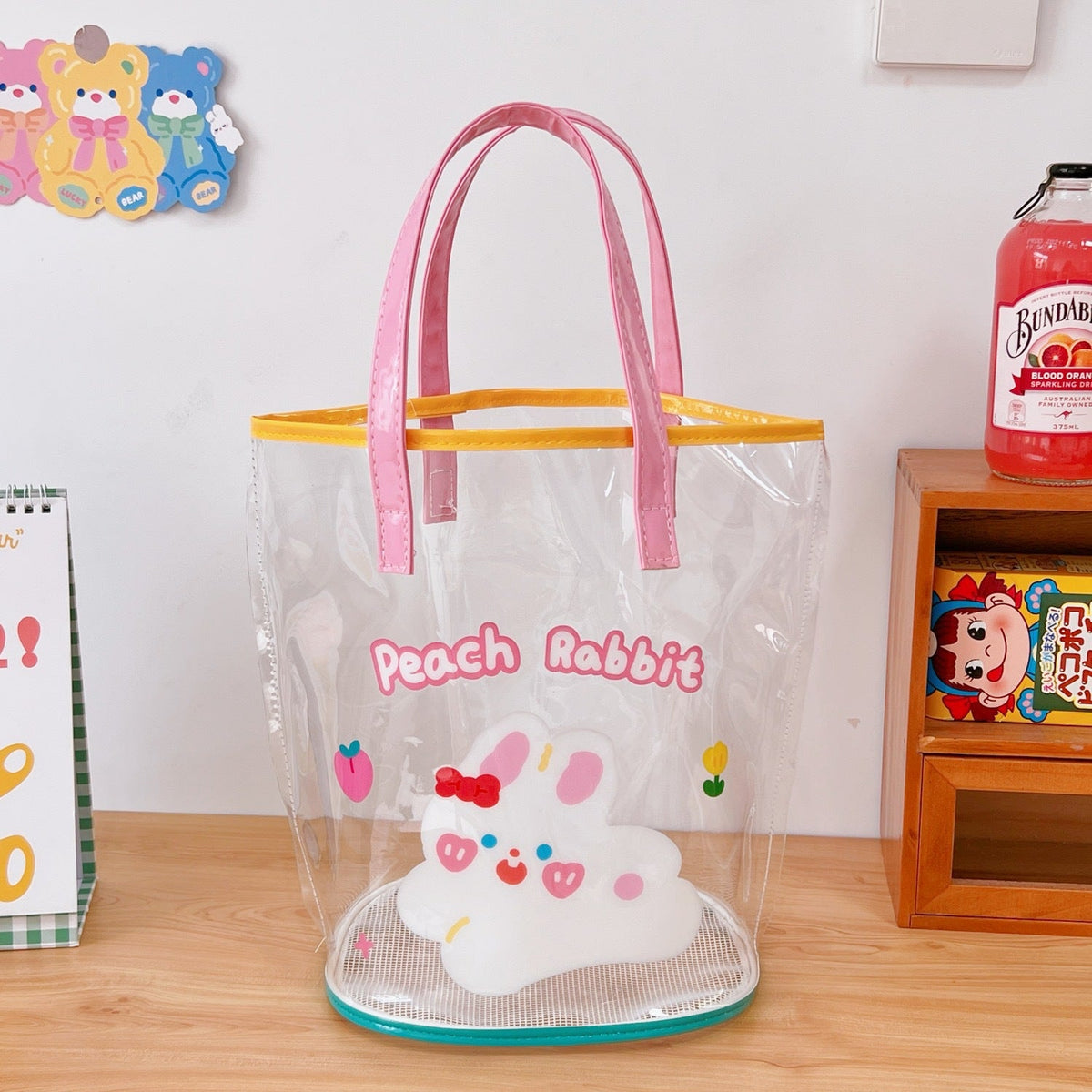 Clear PVC Beach Tote Bag with Cute Cartoon Bear Print
