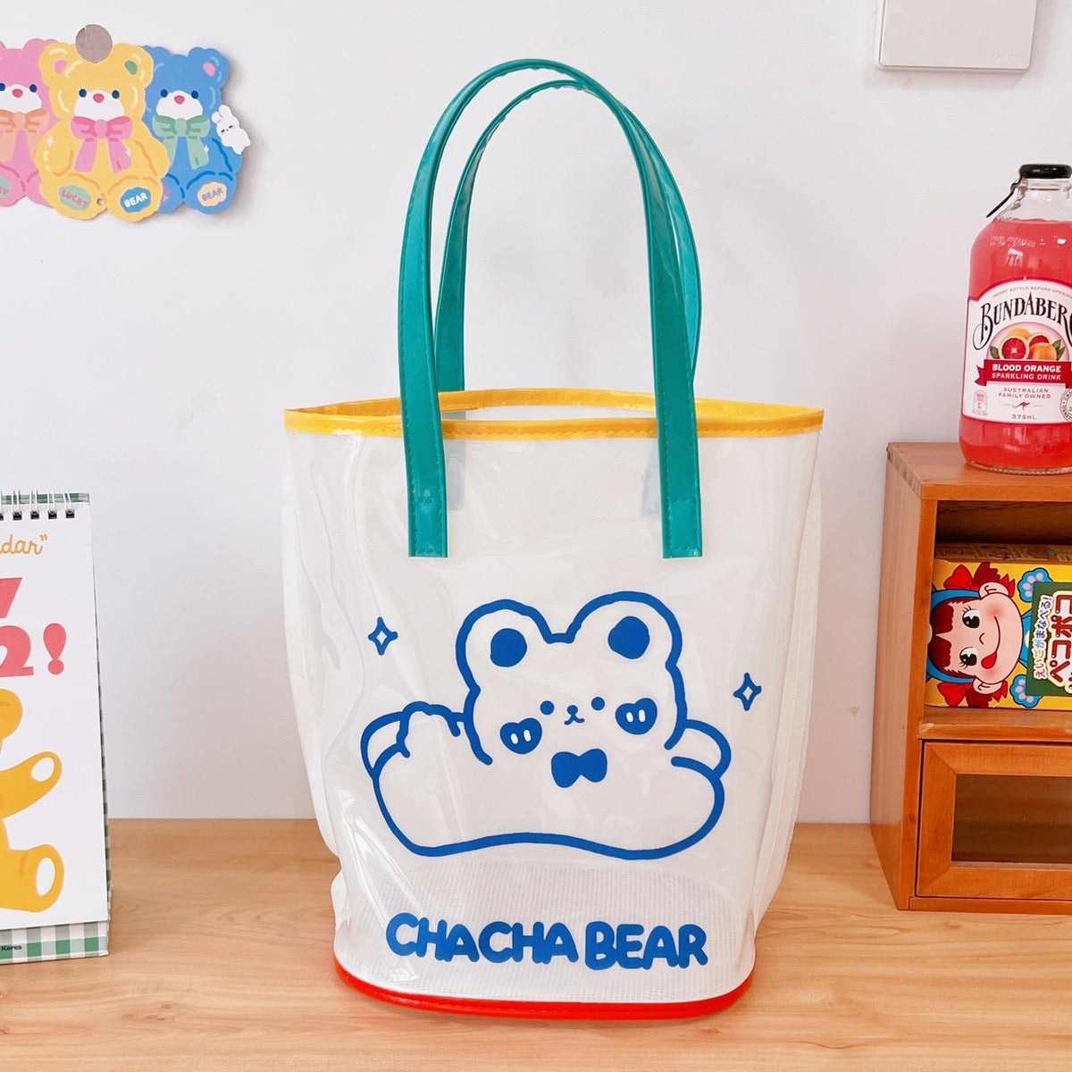 Clear PVC Beach Tote Bag with Cute Cartoon Bear Print