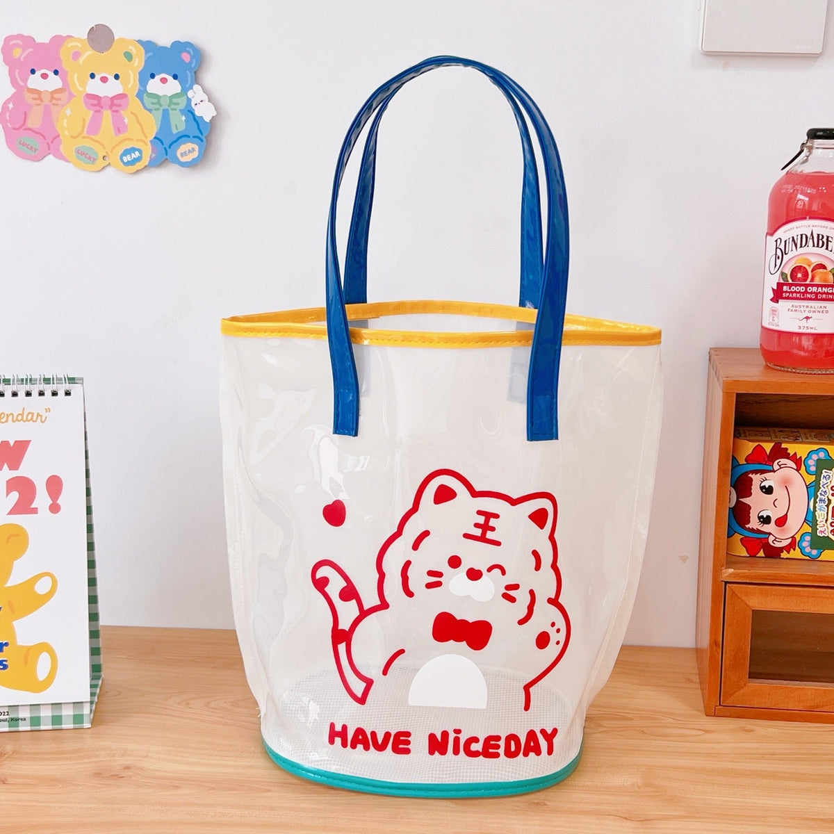 Clear PVC Beach Tote Bag with Cute Cartoon Bear Print