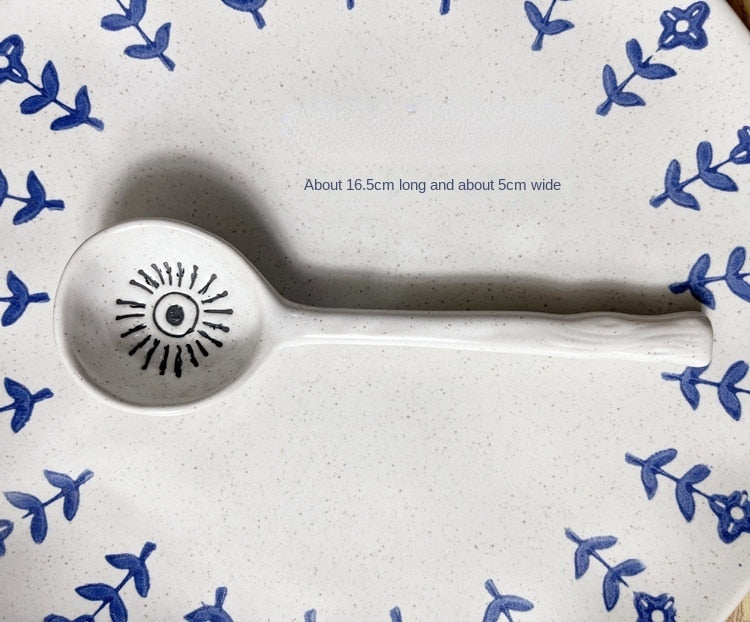 Hand-Painted Japanese Stoneware Soup Spoon, Long Handle
