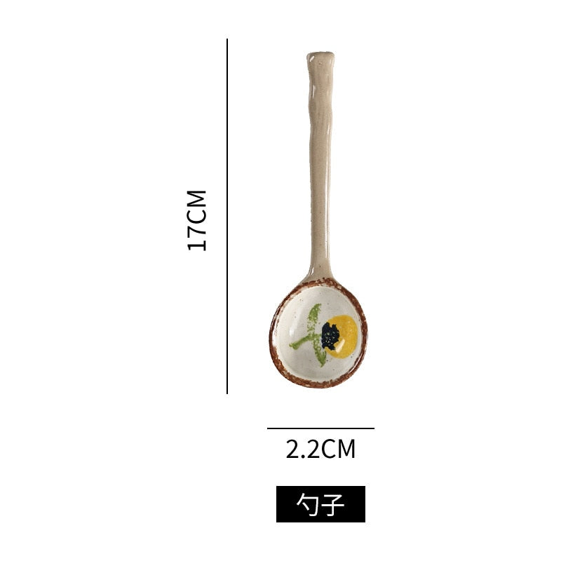 Hand-Painted Japanese Stoneware Soup Spoon, Long Handle