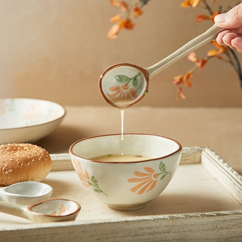 Hand-Painted Japanese Stoneware Soup Spoon, Long Handle