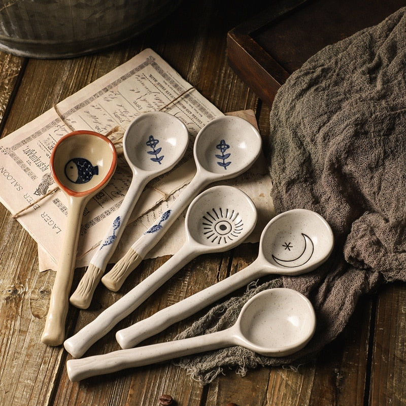 Hand-Painted Japanese Stoneware Soup Spoon, Long Handle