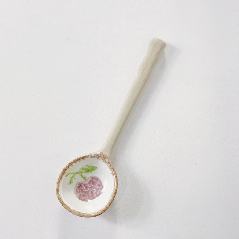 Hand-Painted Japanese Stoneware Soup Spoon, Long Handle
