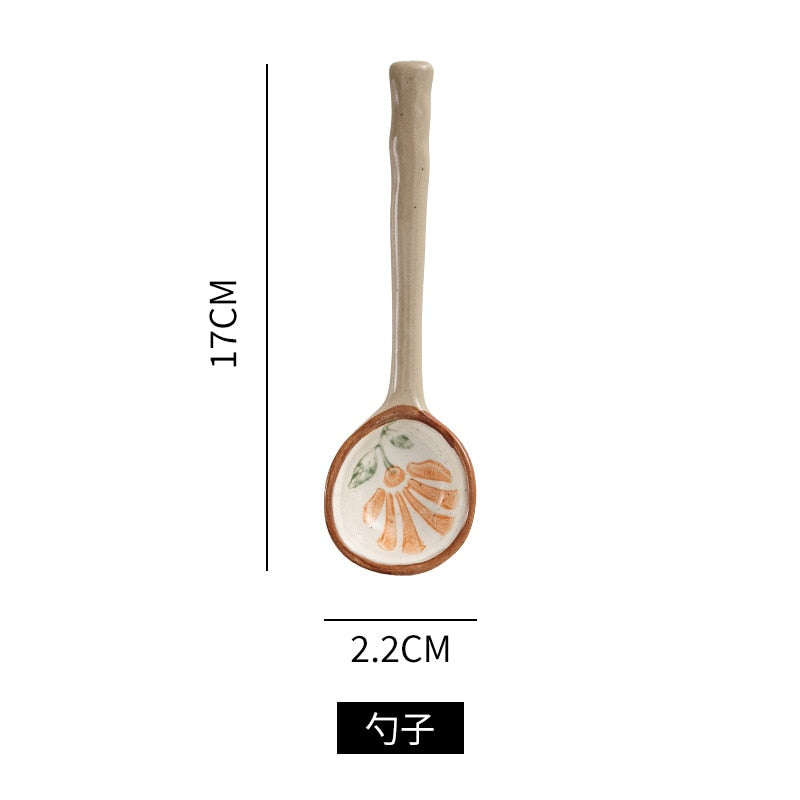 Hand-Painted Japanese Stoneware Soup Spoon, Long Handle