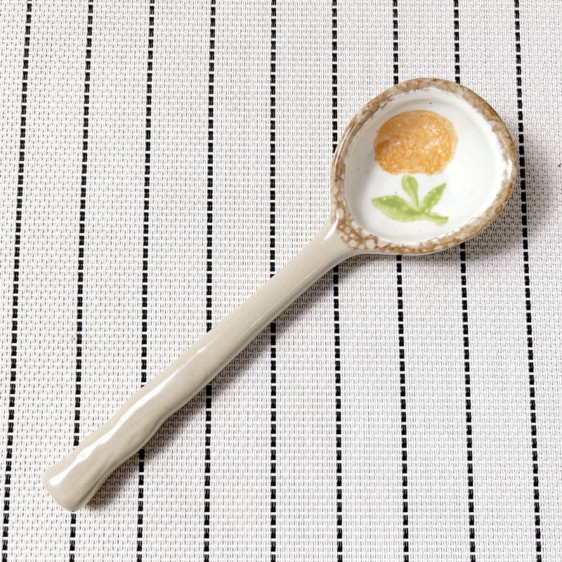 Hand-Painted Japanese Stoneware Soup Spoon, Long Handle