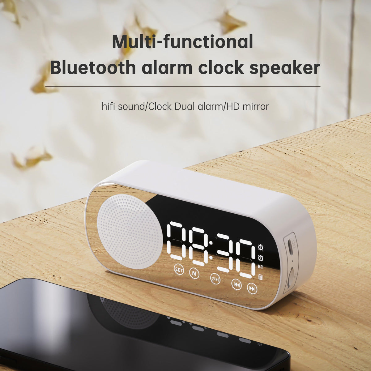 Bluetooth Alarm Clock Mirror Speaker for Nightstand