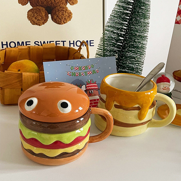 Hamburger Ceramic Mug With Lid - Fun Breakfast Cup