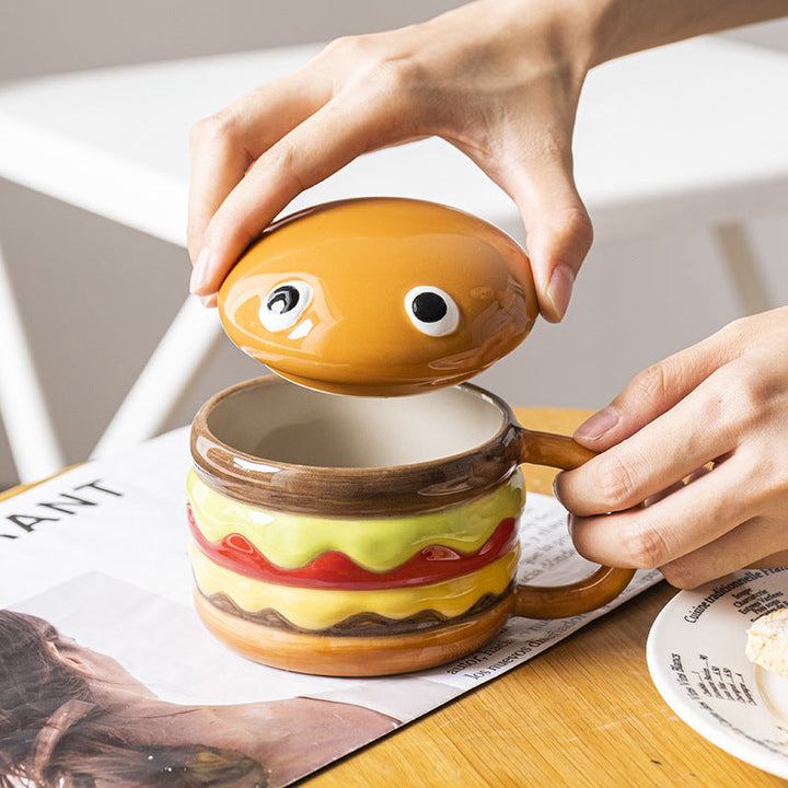 Hamburger Ceramic Mug With Lid - Fun Breakfast Cup