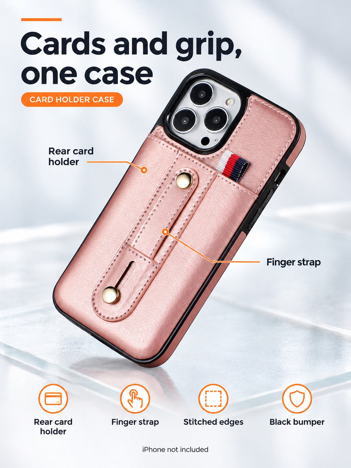 iPhone Card Holder Case with Finger Strap for iPhone 12 to 15