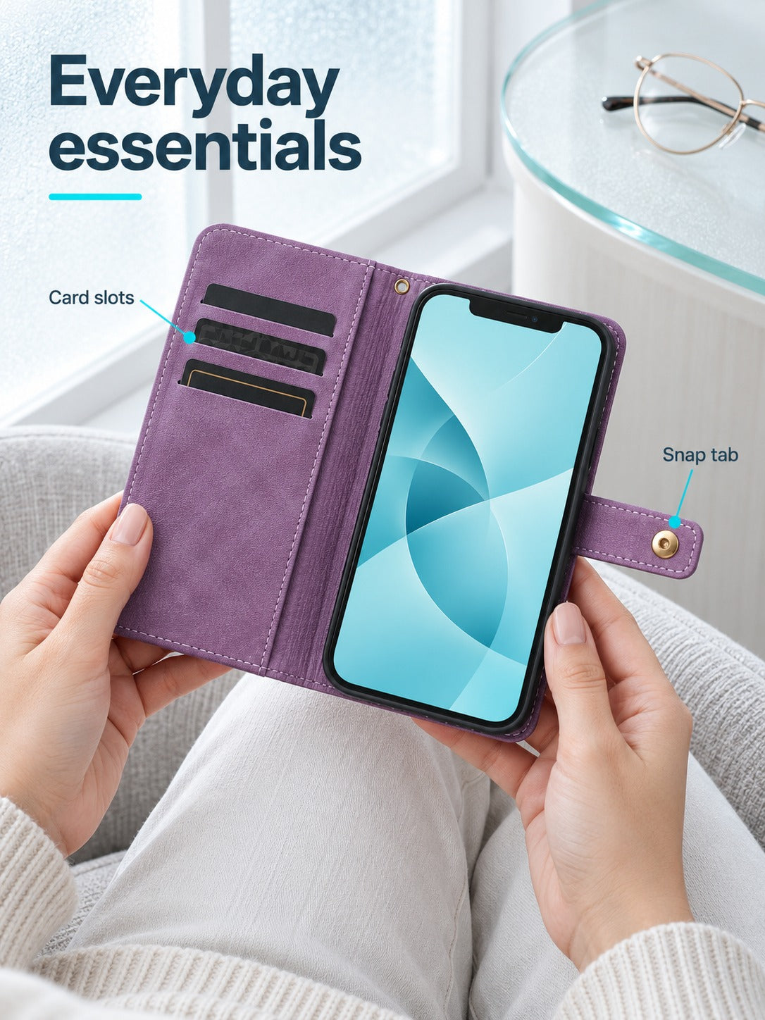 iPhone 14 Pro Max Flip Wallet Case, Purple Leather
