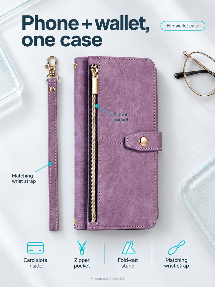 iPhone 14 Pro Max Flip Wallet Case, Purple Leather