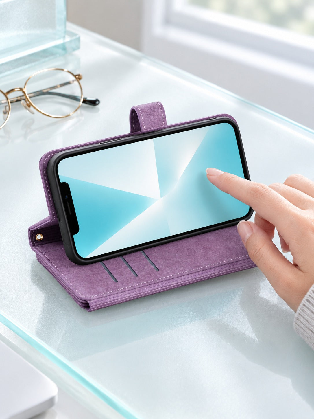 iPhone 14 Pro Max Flip Wallet Case, Purple Leather