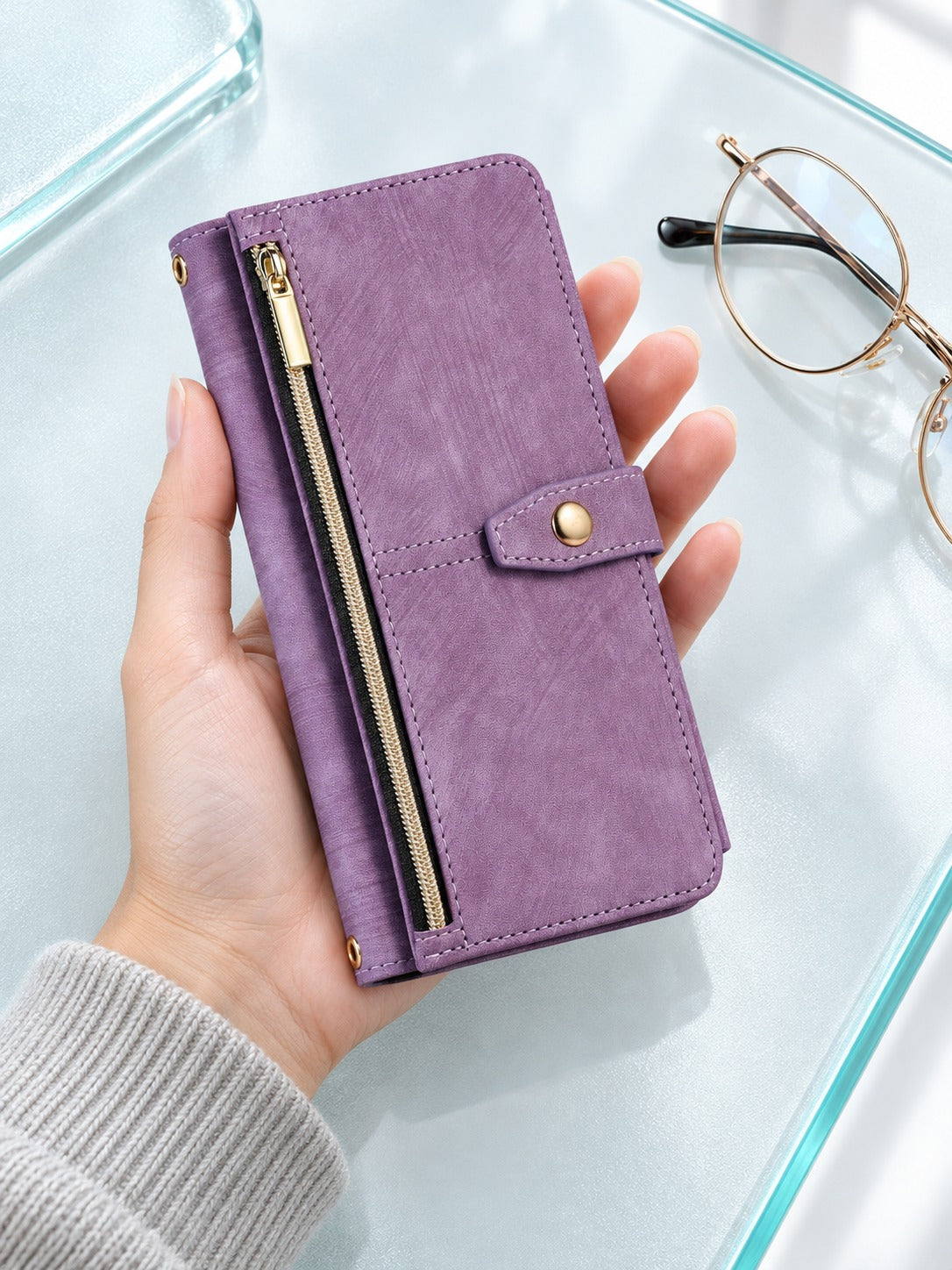 iPhone 14 Pro Max Flip Wallet Case, Purple Leather