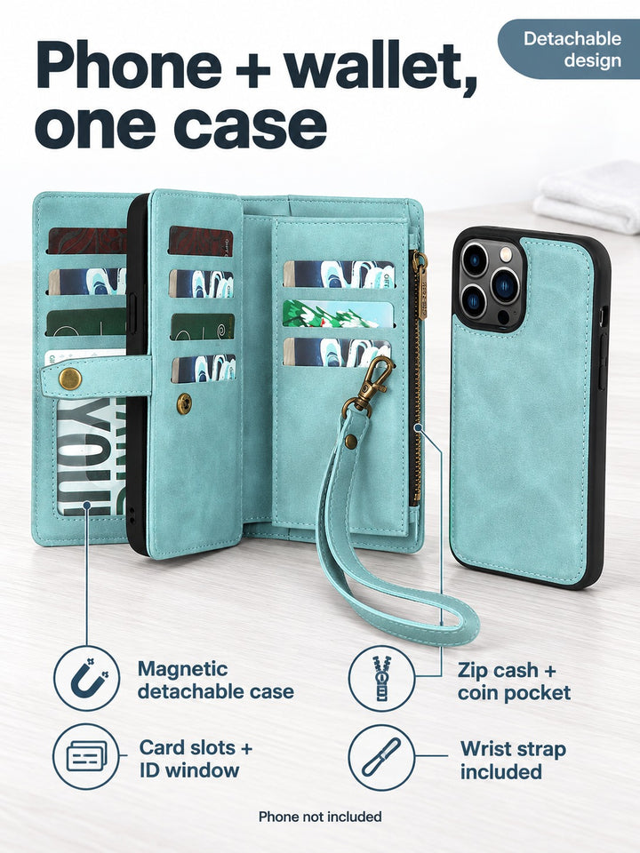 iPhone 15 Wallet Case with Magnetic Detachable Card Holder