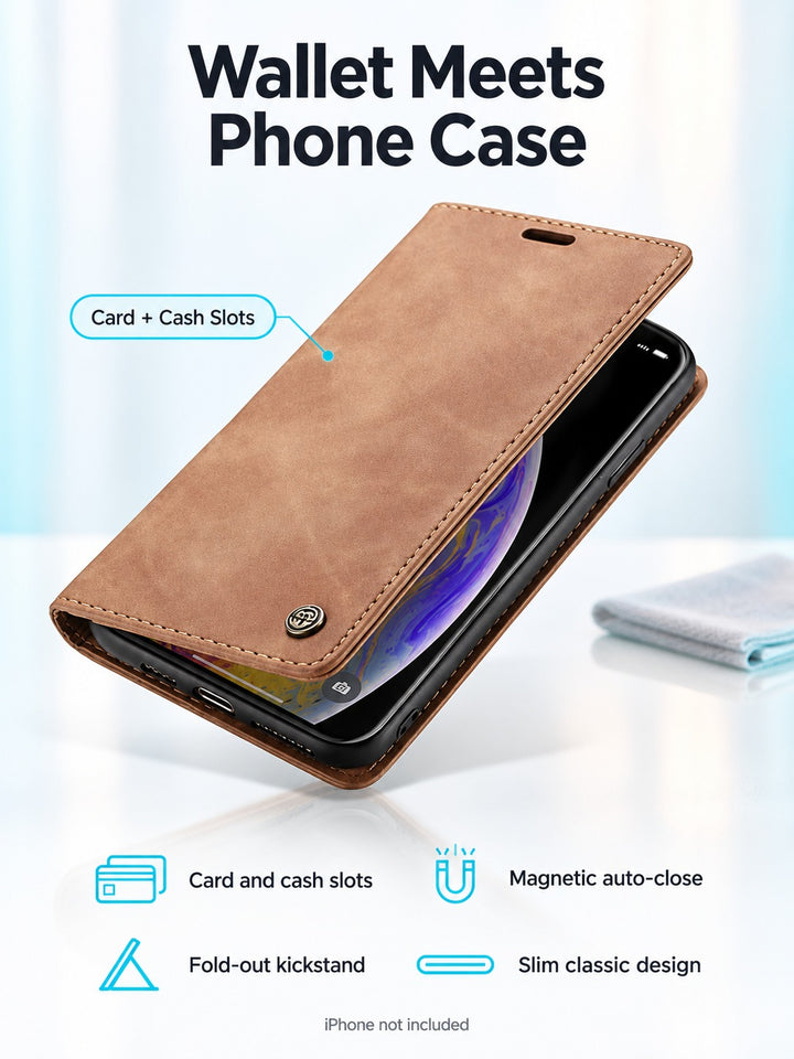 iPhone Leather Wallet Flip Case with Card Slots & Stand