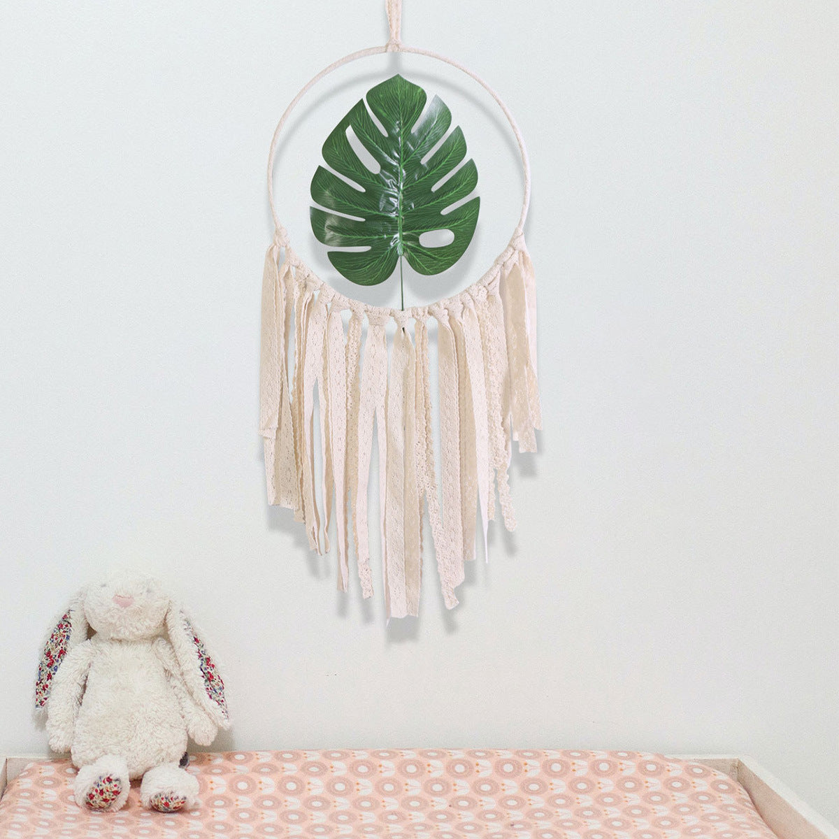 Boho Wall Hanging with Botanical Leaf and Woven Tassels