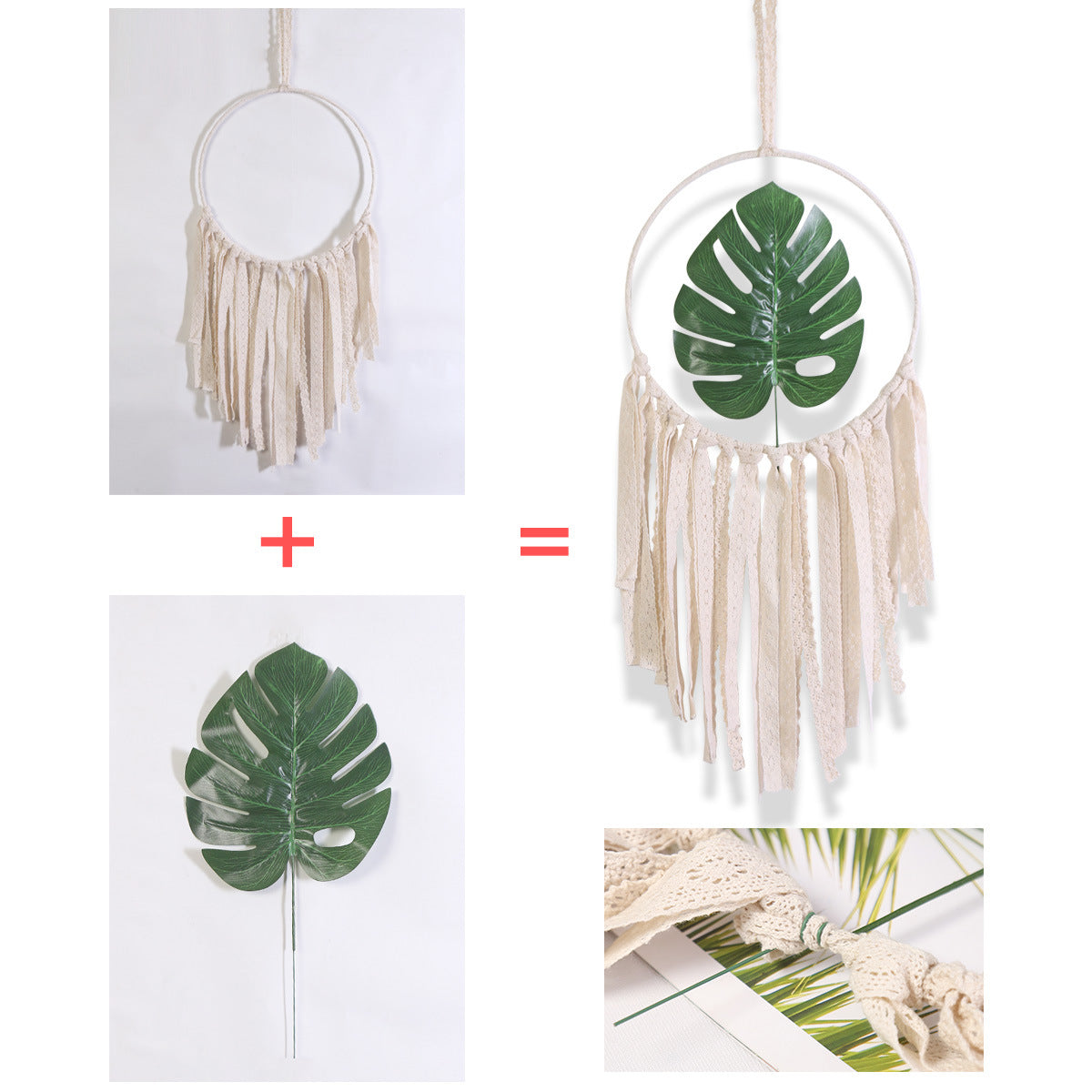Boho Wall Hanging with Botanical Leaf and Woven Tassels