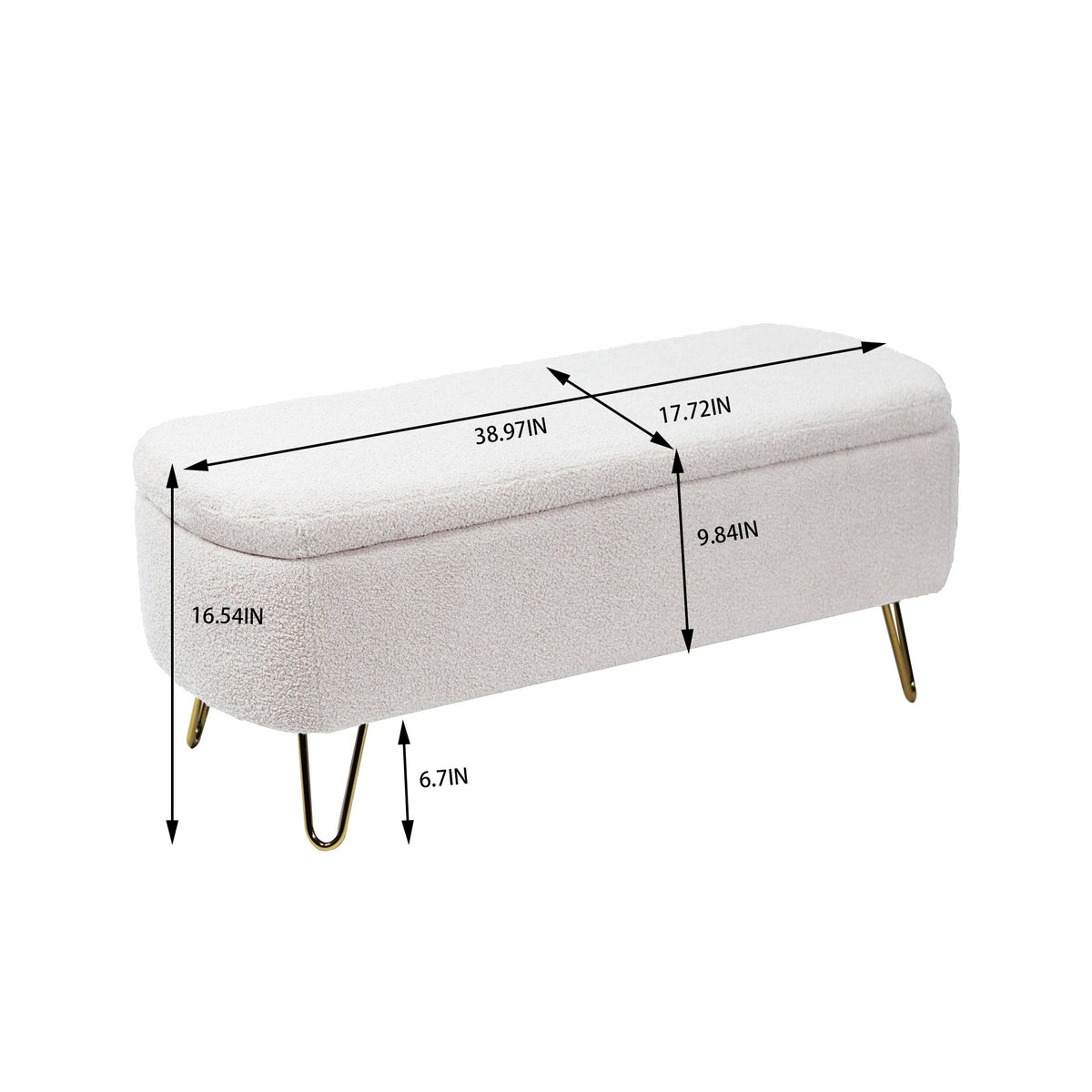 Ivory Boucle Storage Ottoman Bench with Gold Hairpin Legs