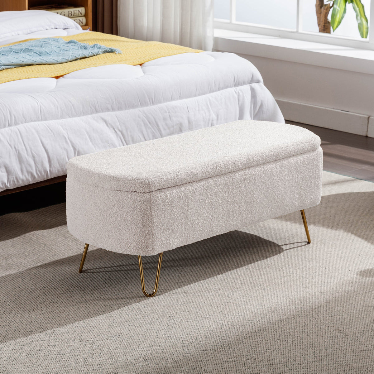 Ivory Boucle Storage Ottoman Bench with Gold Hairpin Legs