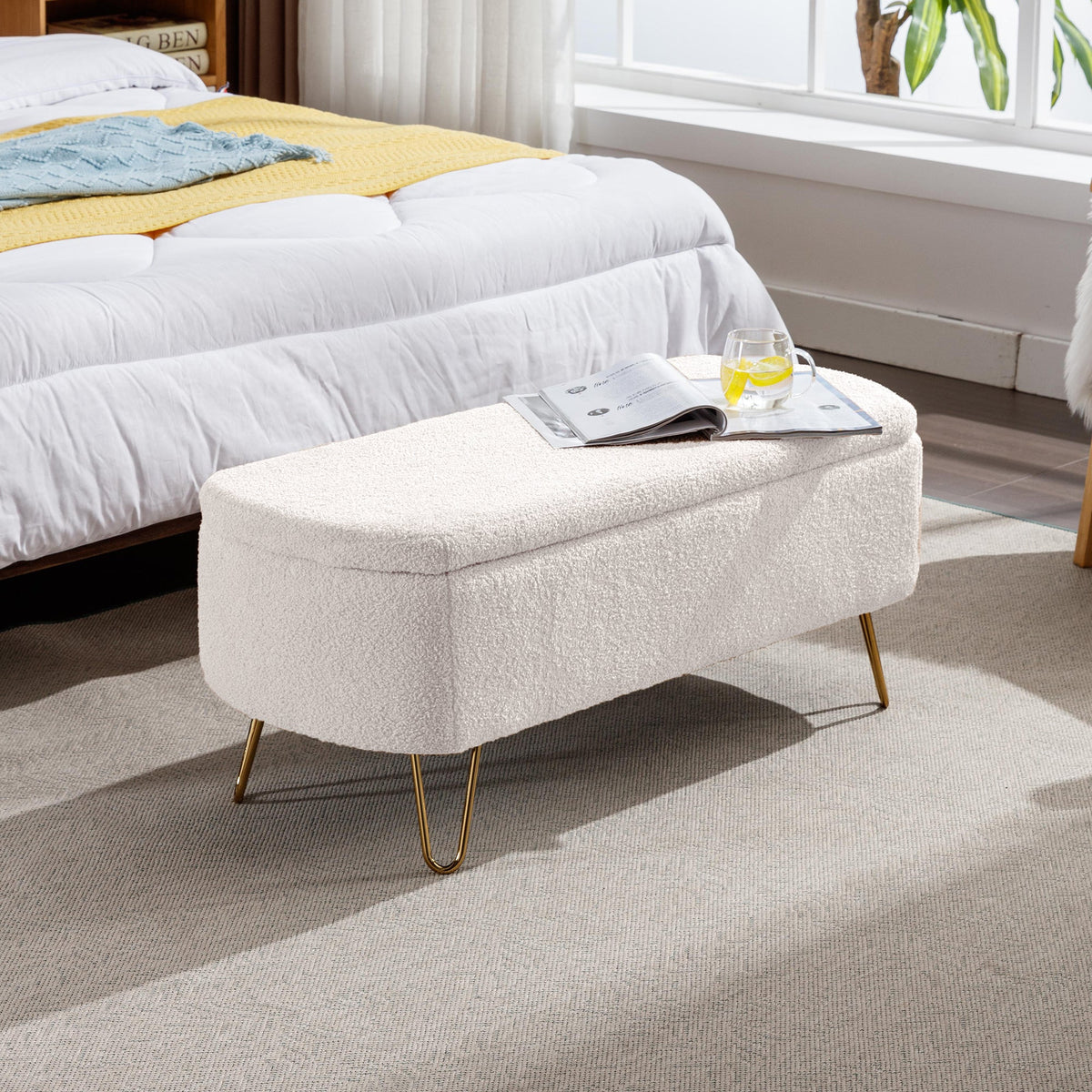 Ivory Boucle Storage Ottoman Bench with Gold Hairpin Legs