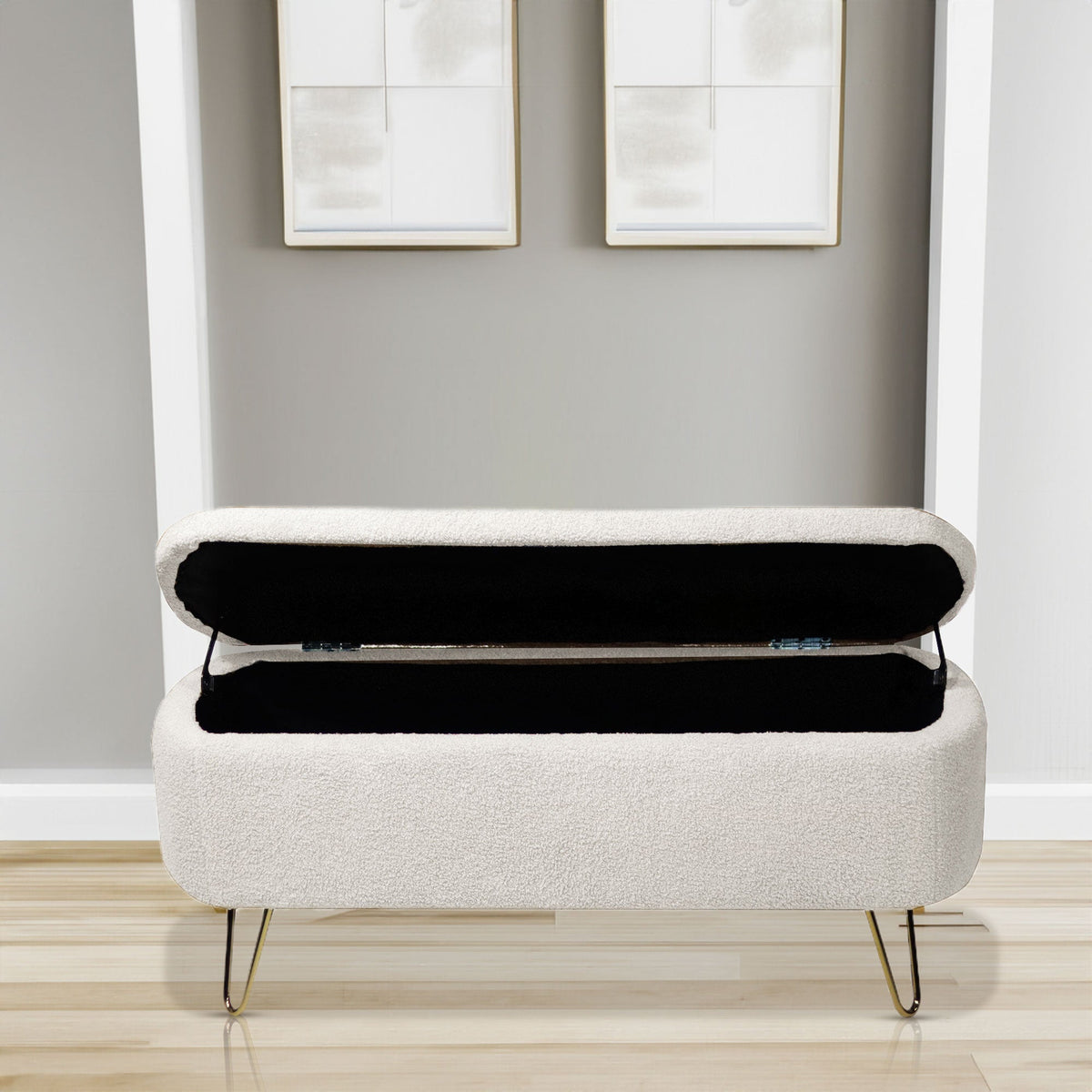 Ivory Boucle Storage Ottoman Bench with Gold Hairpin Legs