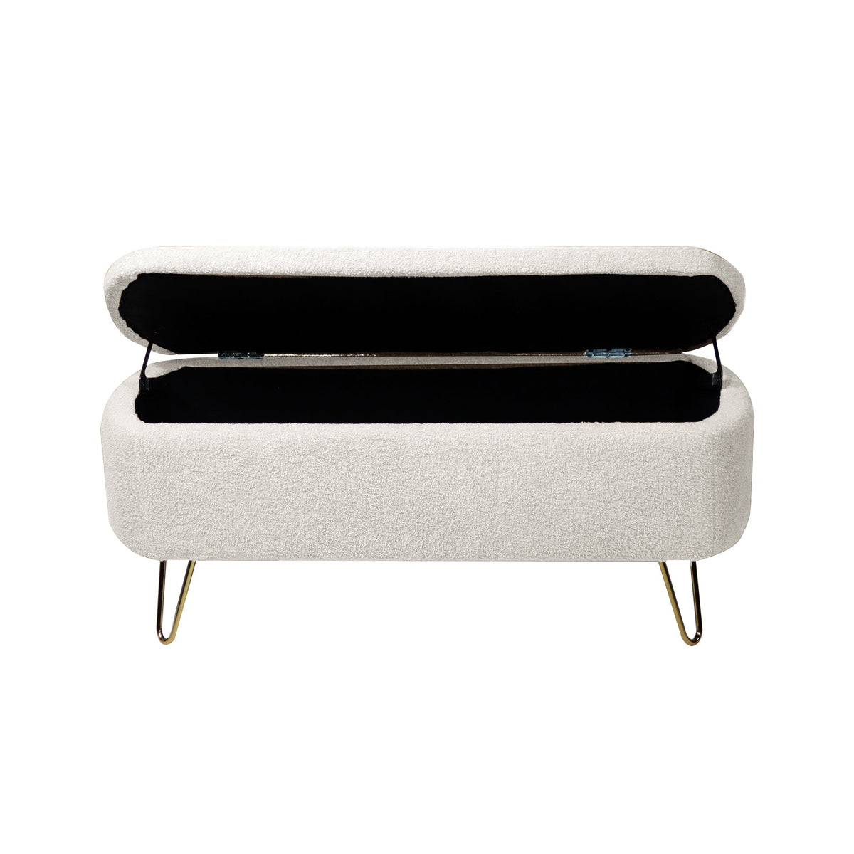 Ivory Boucle Storage Ottoman Bench with Gold Hairpin Legs