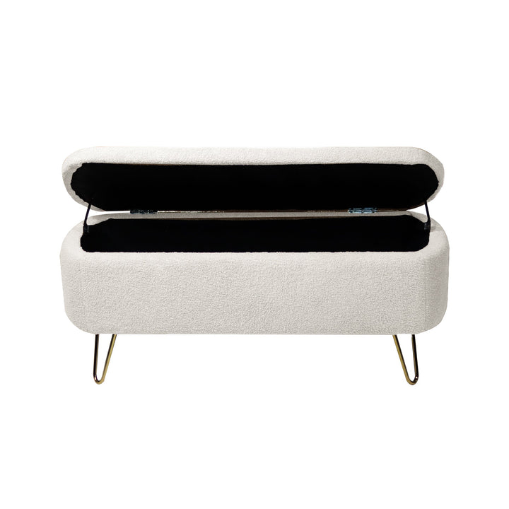 Ivory Boucle Storage Ottoman Bench with Gold Hairpin Legs