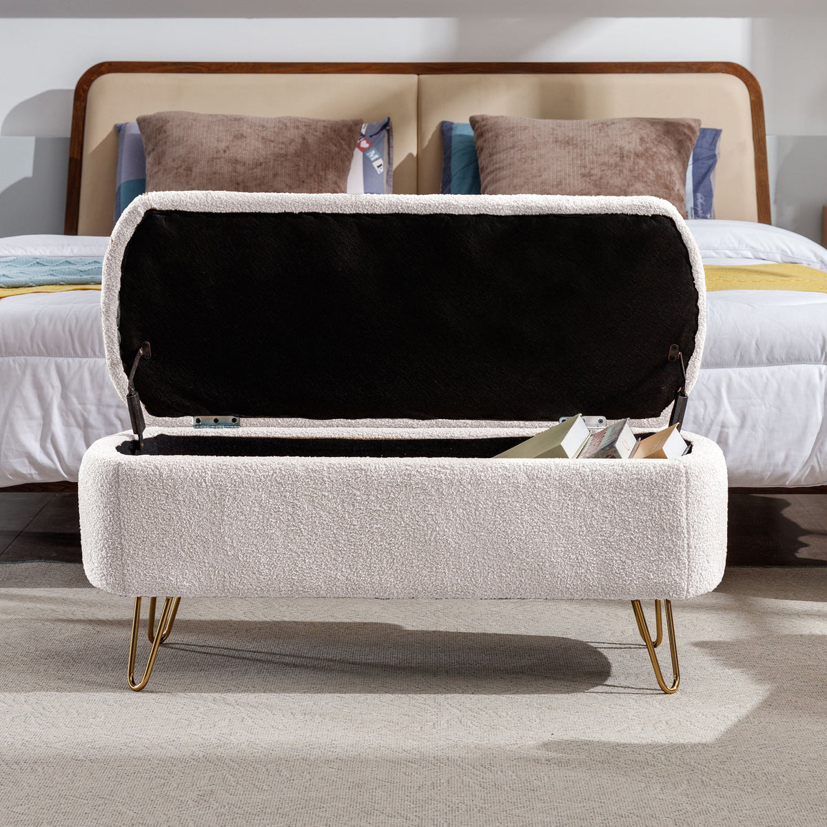Ivory Boucle Storage Ottoman Bench with Gold Hairpin Legs