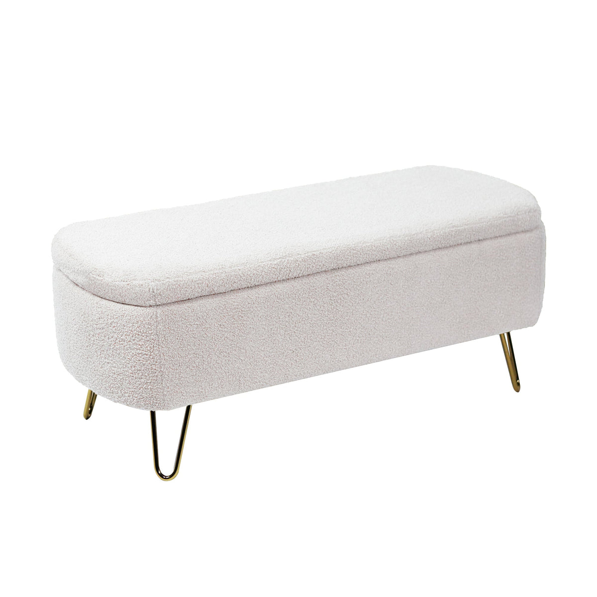 Ivory Boucle Storage Ottoman Bench with Gold Hairpin Legs