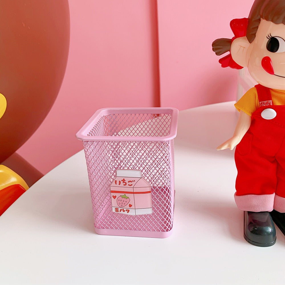 Pink Mesh Pencil Holder Cute Desk Organizer for Students