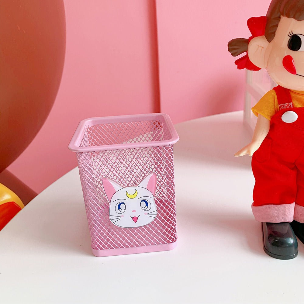 Pink Mesh Pencil Holder Cute Desk Organizer for Students