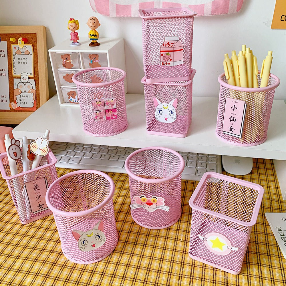 Pink Mesh Pencil Holder Cute Desk Organizer for Students