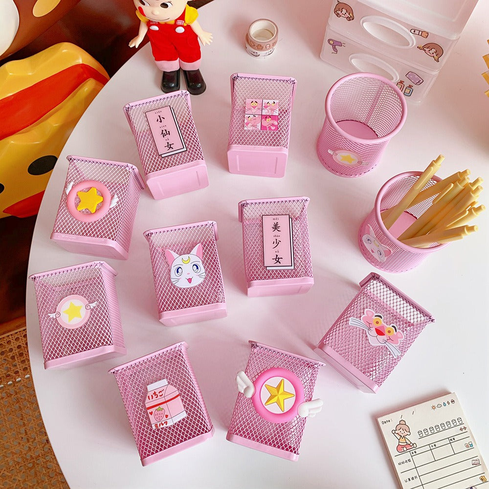Pink Mesh Pencil Holder Cute Desk Organizer for Students
