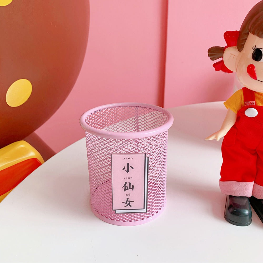 Pink Mesh Pencil Holder Cute Desk Organizer for Students