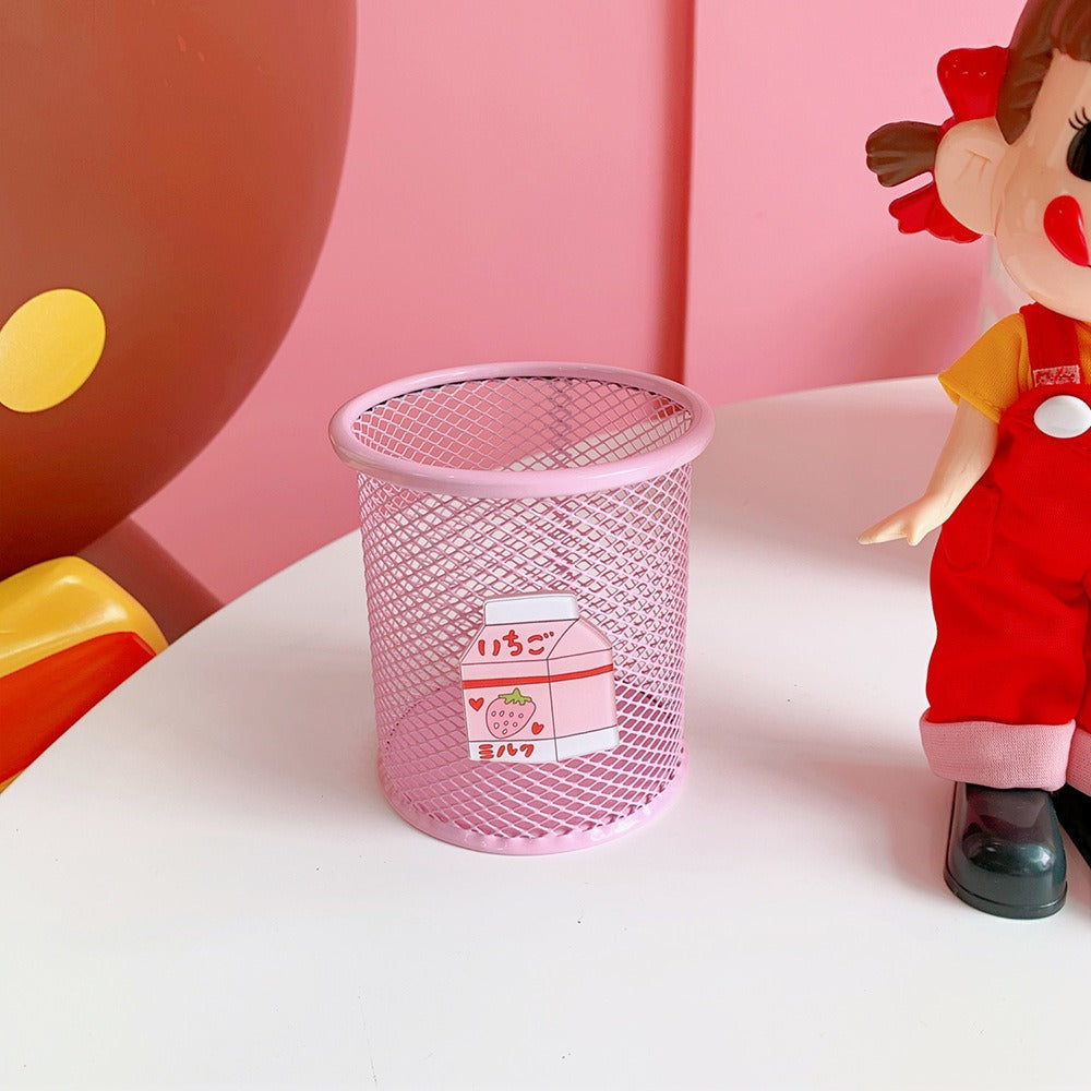 Pink Mesh Pencil Holder Cute Desk Organizer for Students